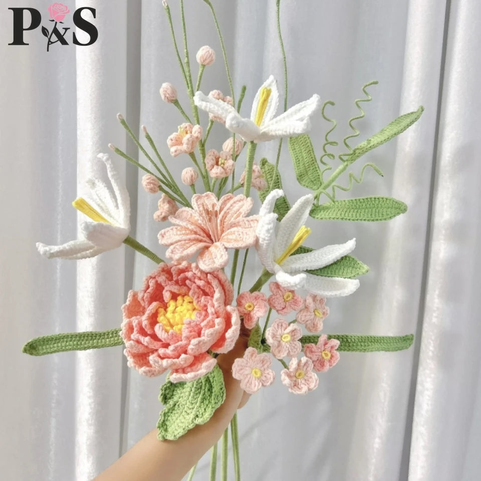 Handmade Crochet Flower Bouquet Pink Peony Tulip Artifical Flowers for Mother's Day Girlfriend Kintted Plant Home Wedding Decor