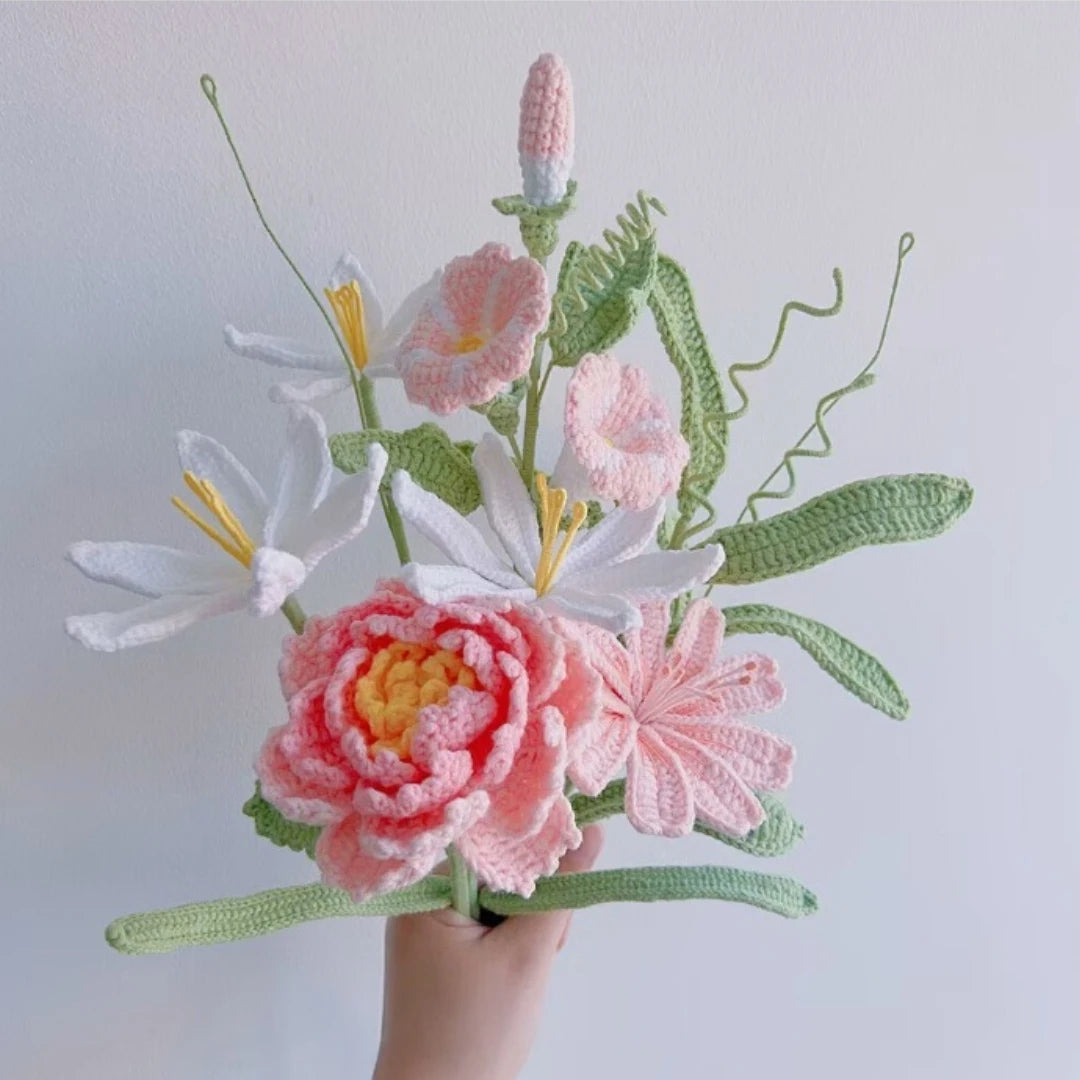 Handmade Crochet Flower Bouquet Pink Peony Tulip Artifical Flowers for Mother's Day Girlfriend Kintted Plant Home Wedding Decor