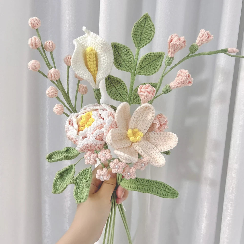 Handmade Crochet Flower Bouquet Pink Peony Tulip Artifical Flowers for Mother's Day Girlfriend Kintted Plant Home Wedding Decor