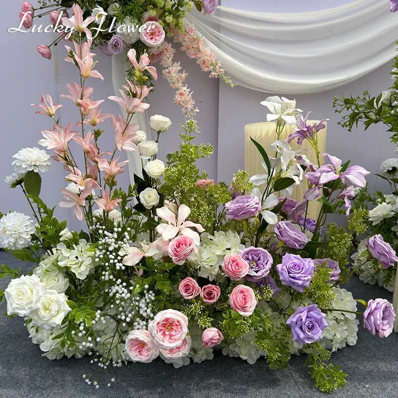 Purple Pink Outdoor Wedding Decoration Artificial Flowers Hang Flower Row Road Lead Flower Ball Floral Backdrop Decor Floor Row