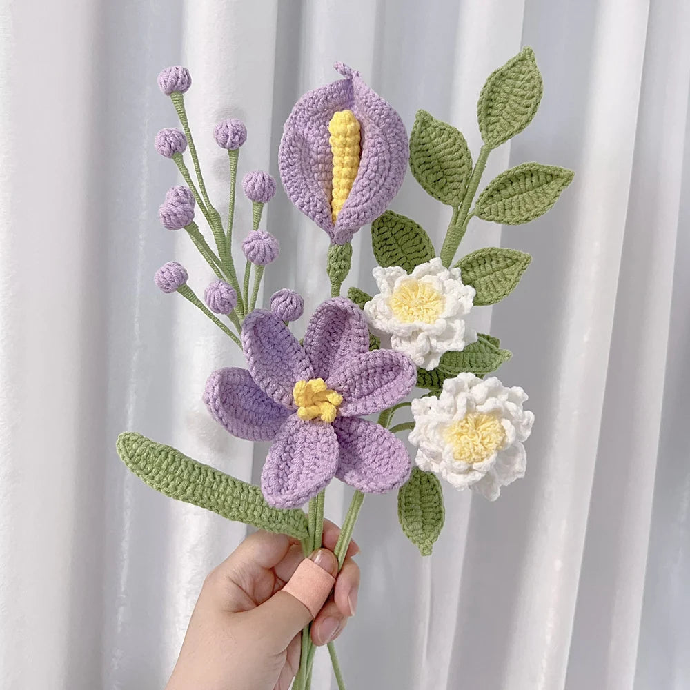 Handmade Crochet Flower Bouquet Pink Peony Tulip Artifical Flowers for Mother's Day Girlfriend Kintted Plant Home Wedding Decor