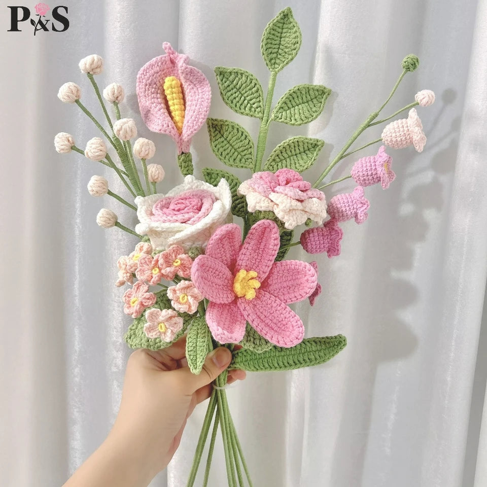 Handmade Crochet Flower Bouquet Pink Peony Tulip Artifical Flowers for Mother's Day Girlfriend Kintted Plant Home Wedding Decor
