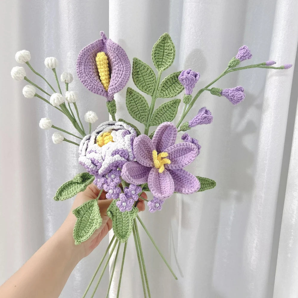 Handmade Crochet Flower Bouquet Pink Peony Tulip Artifical Flowers for Mother's Day Girlfriend Kintted Plant Home Wedding Decor