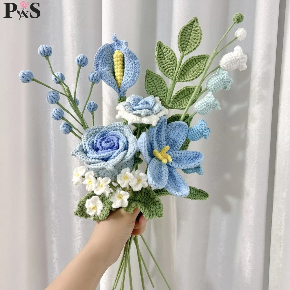 Handmade Crochet Flower Bouquet Pink Peony Tulip Artifical Flowers for Mother's Day Girlfriend Kintted Plant Home Wedding Decor