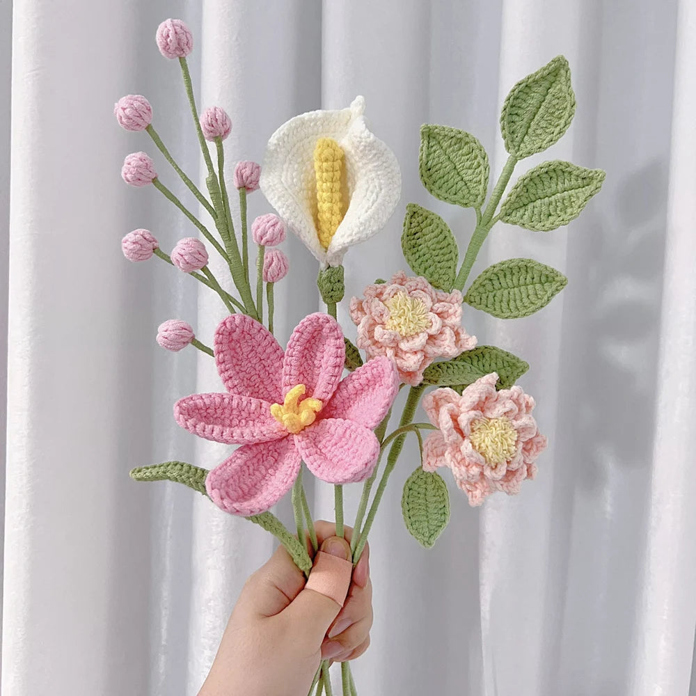Handmade Crochet Flower Bouquet Pink Peony Tulip Artifical Flowers for Mother's Day Girlfriend Kintted Plant Home Wedding Decor