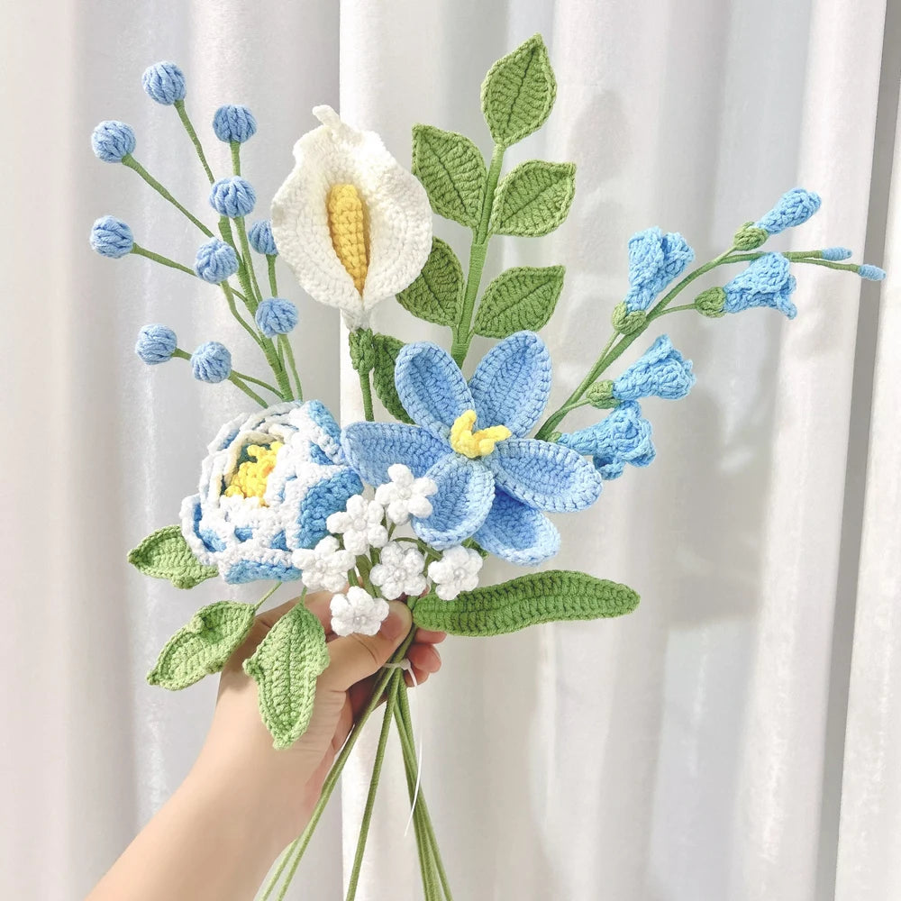Handmade Crochet Flower Bouquet Pink Peony Tulip Artifical Flowers for Mother's Day Girlfriend Kintted Plant Home Wedding Decor