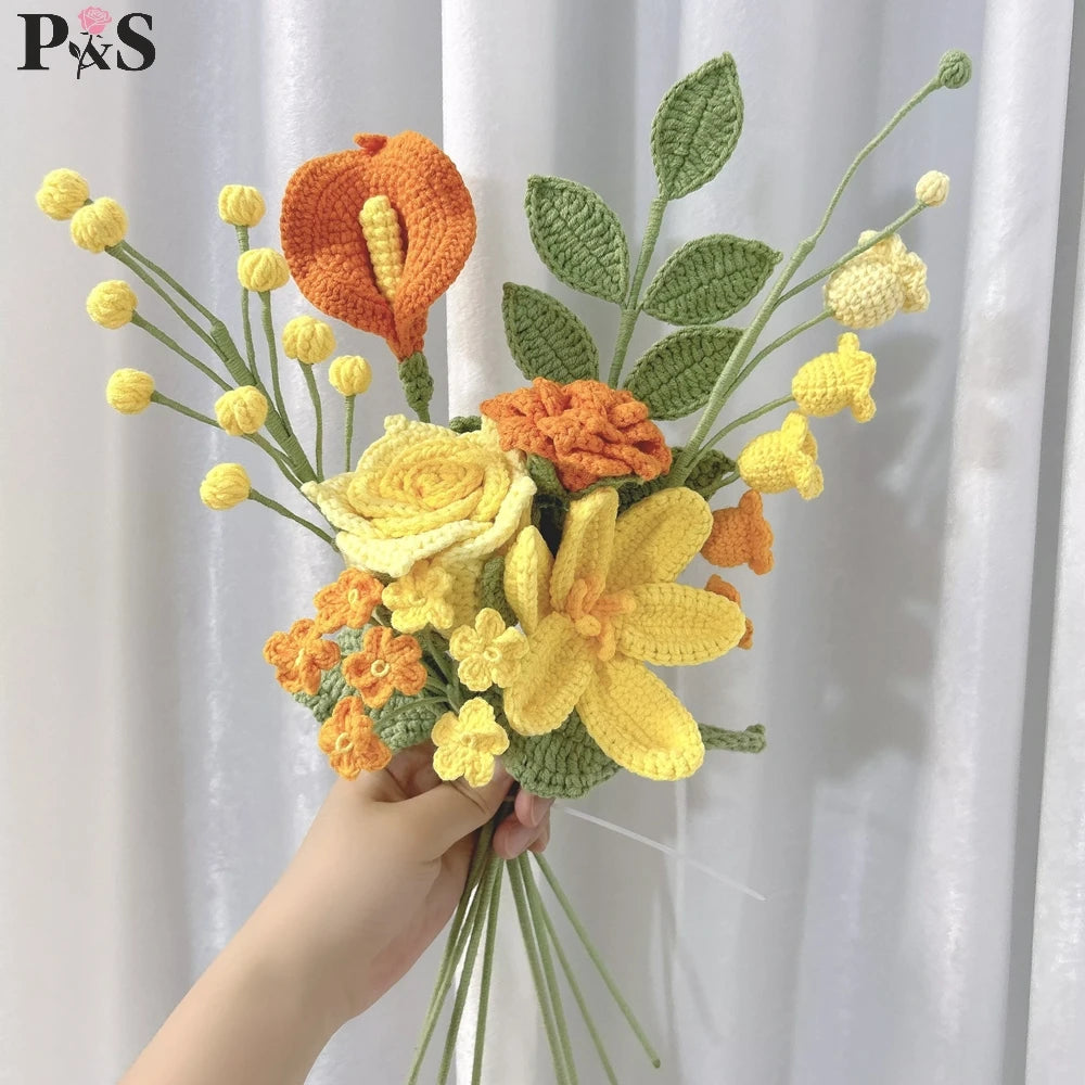Handmade Crochet Flower Bouquet Pink Peony Tulip Artifical Flowers for Mother's Day Girlfriend Kintted Plant Home Wedding Decor