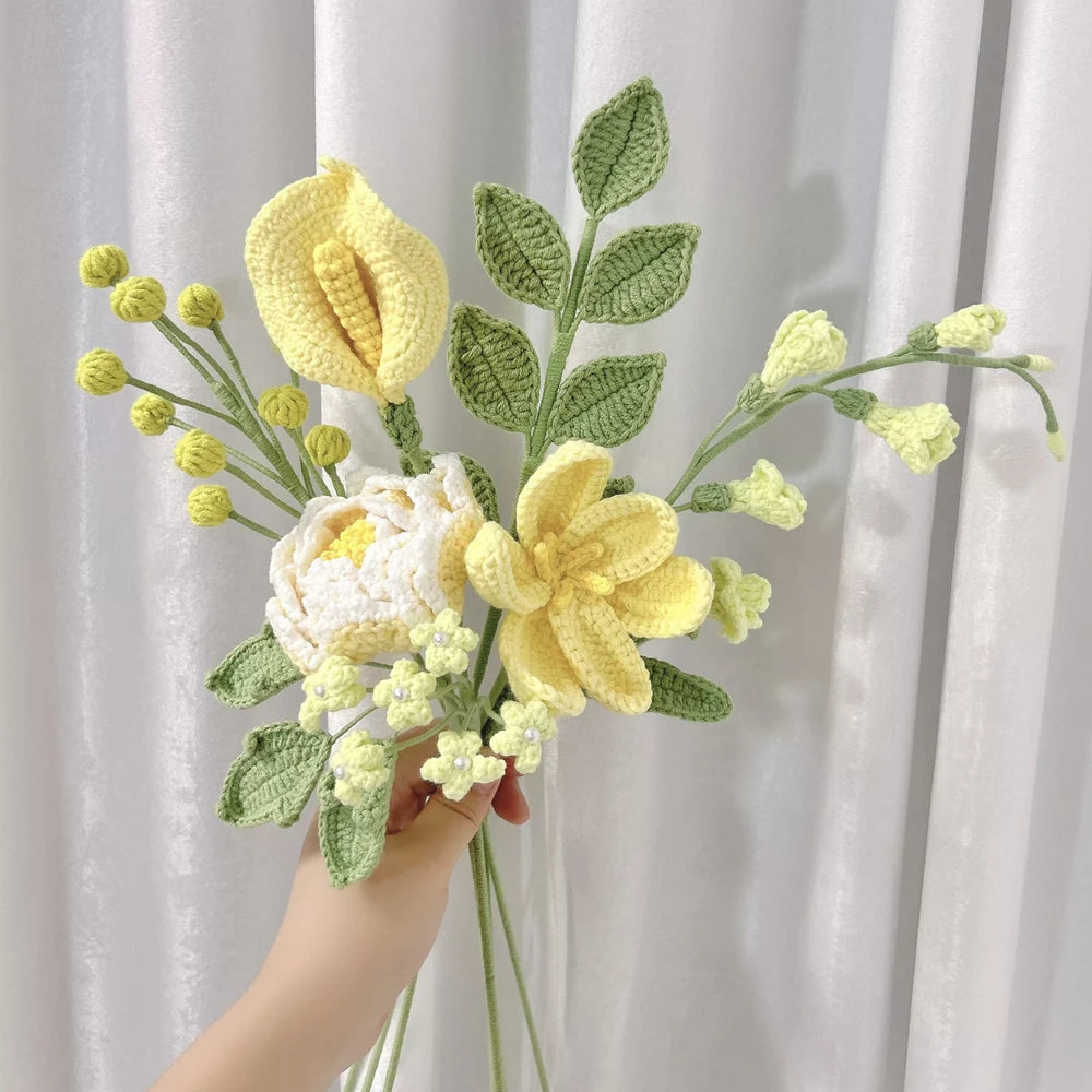 Handmade Crochet Flower Bouquet Pink Peony Tulip Artifical Flowers for Mother's Day Girlfriend Kintted Plant Home Wedding Decor