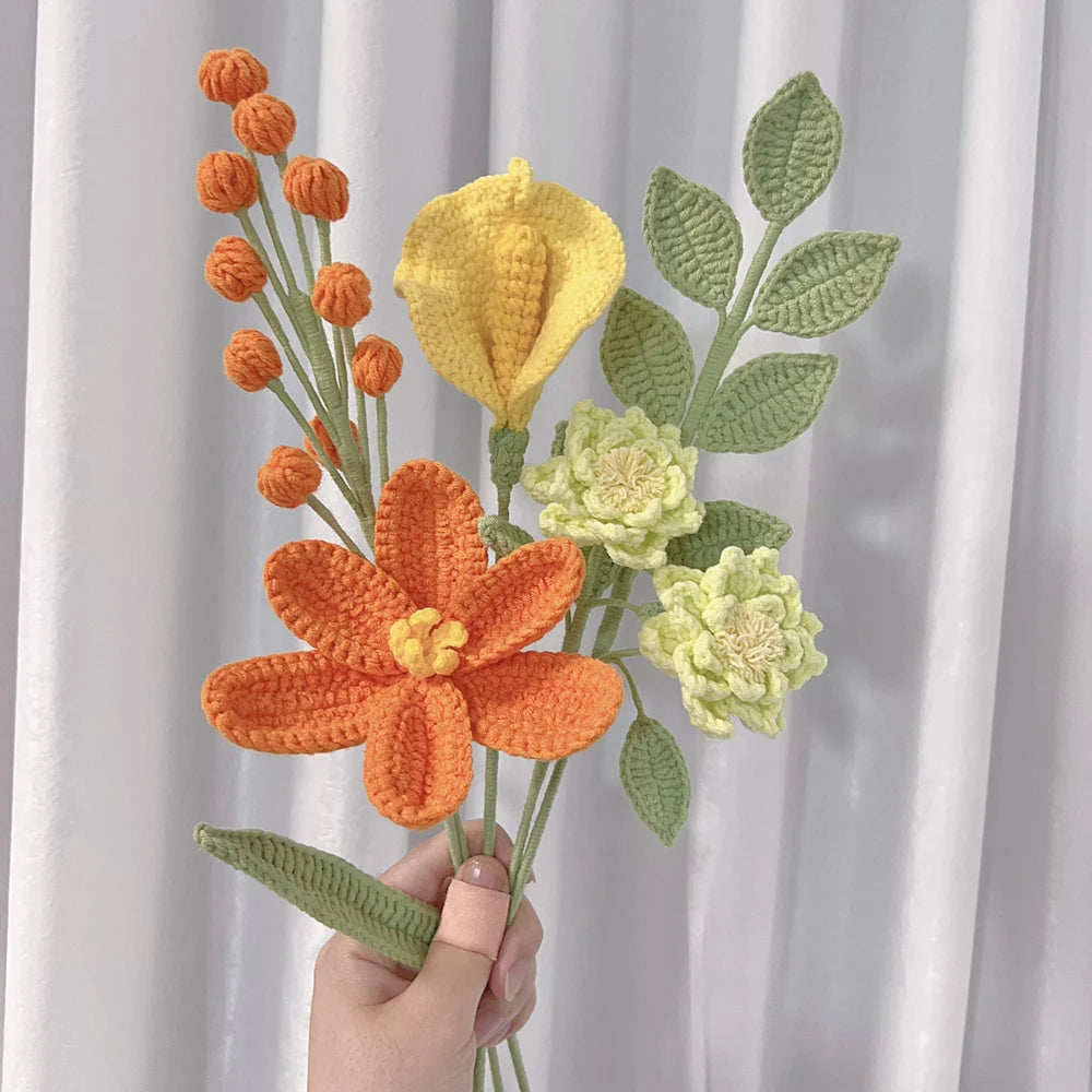 Handmade Crochet Flower Bouquet Pink Peony Tulip Artifical Flowers for Mother's Day Girlfriend Kintted Plant Home Wedding Decor