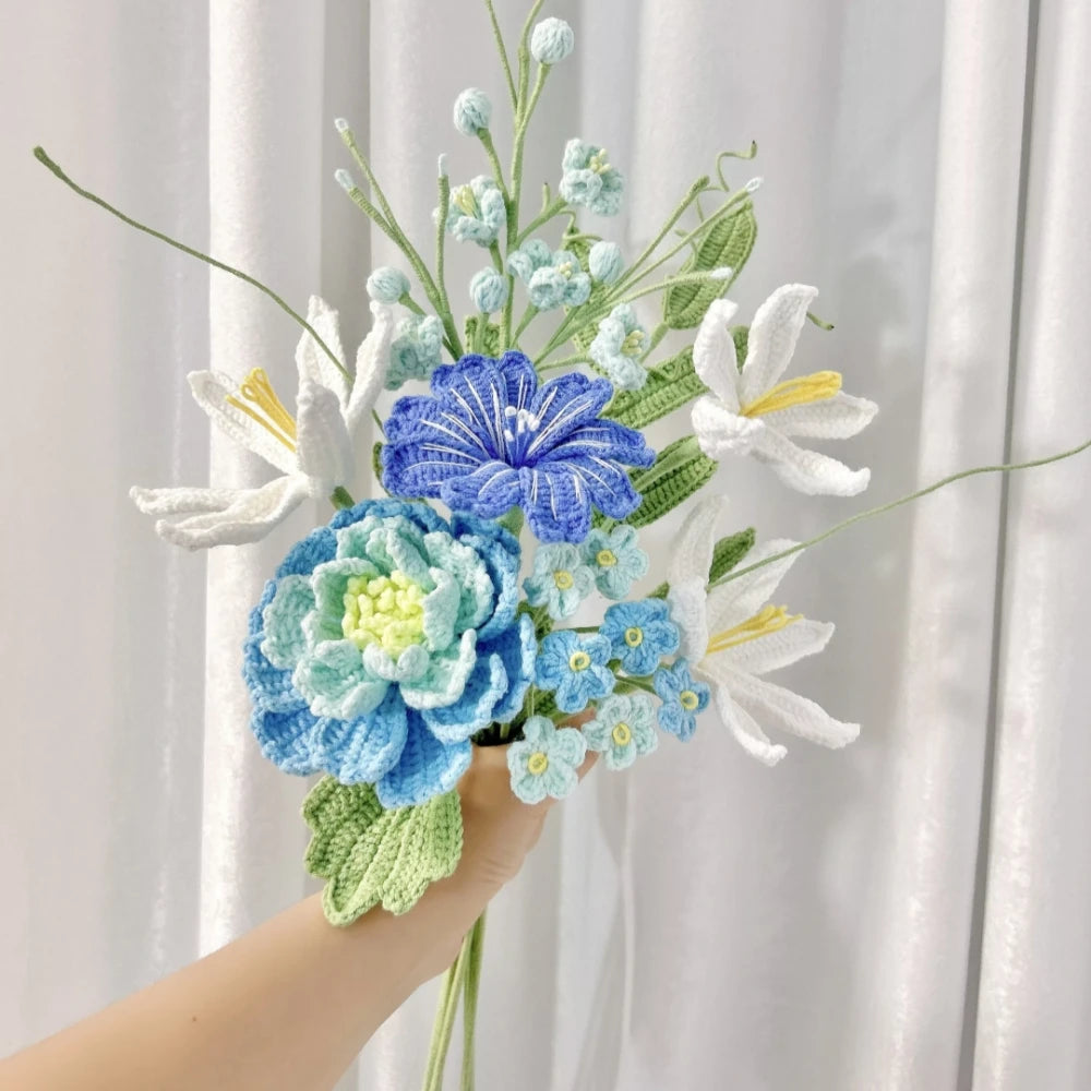 Handmade Crochet Flower Bouquet Pink Peony Tulip Artifical Flowers for Mother's Day Girlfriend Kintted Plant Home Wedding Decor