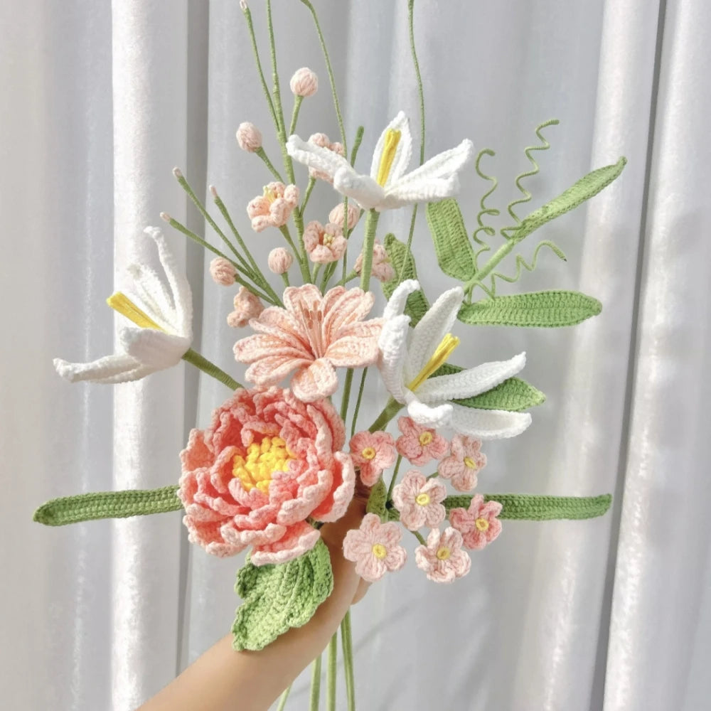Handmade Crochet Flower Bouquet Pink Peony Tulip Artifical Flowers for Mother's Day Girlfriend Kintted Plant Home Wedding Decor