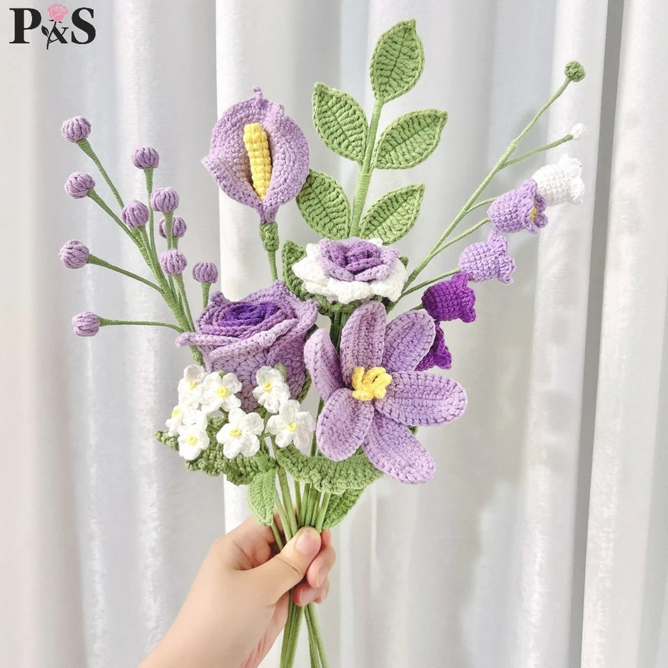 Handmade Crochet Flower Bouquet Pink Peony Tulip Artifical Flowers for Mother's Day Girlfriend Kintted Plant Home Wedding Decor